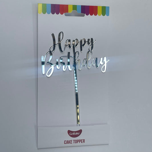 "Happy Birthday" Silver acrylic cake topper