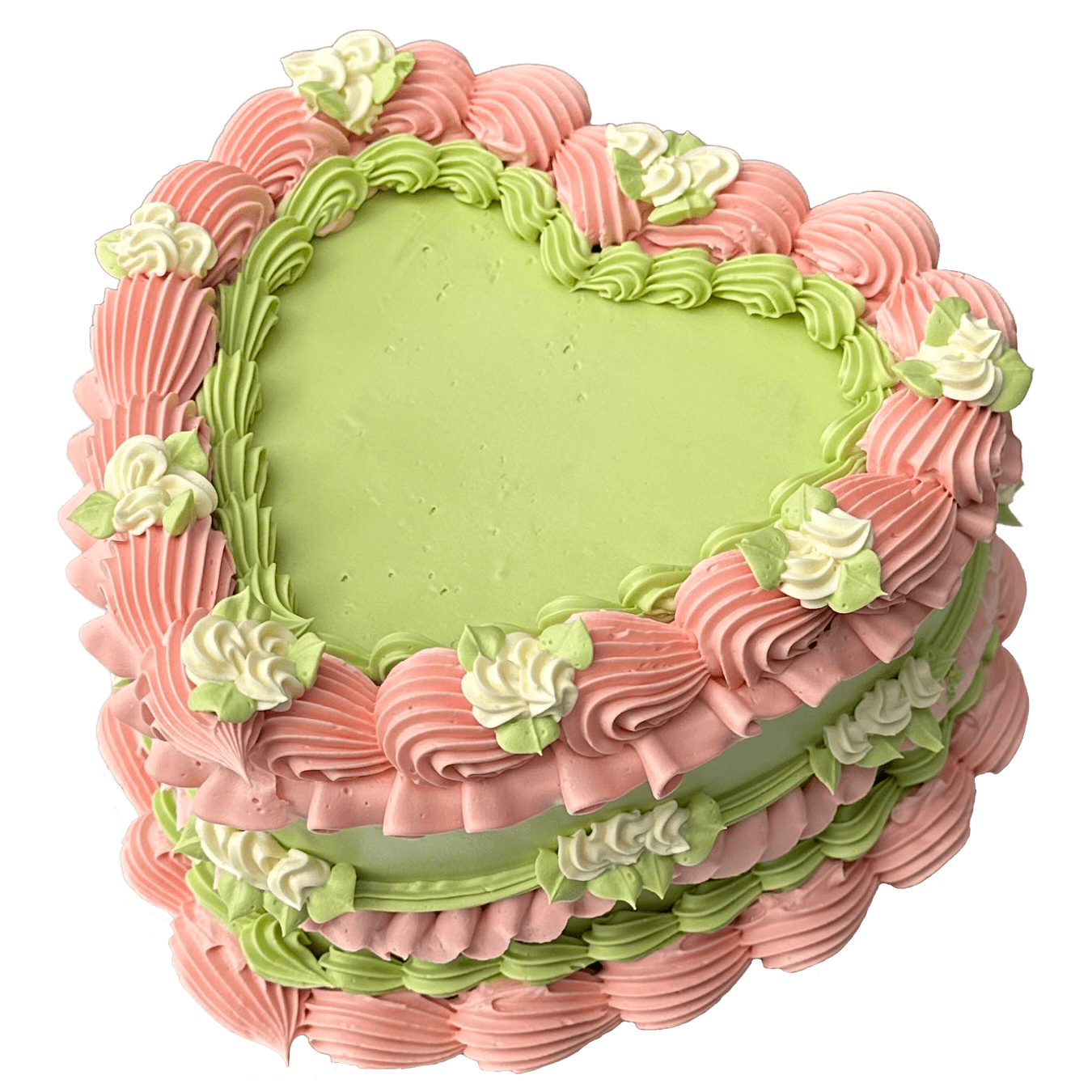 A classic heart shaped vintage style cake coated with a lime green base colour swiss meringue buttercream and a simple pink piped ruffle around the outer edge and on top.  There are also a mixture of pink large piped shells and smaller lime green piped shells around the top and sides.  There are also  some white rose swirls with lime green leaves.  The top centre of the cake is coated flat and smooth with lime green buttercream allowing for a message to be written.